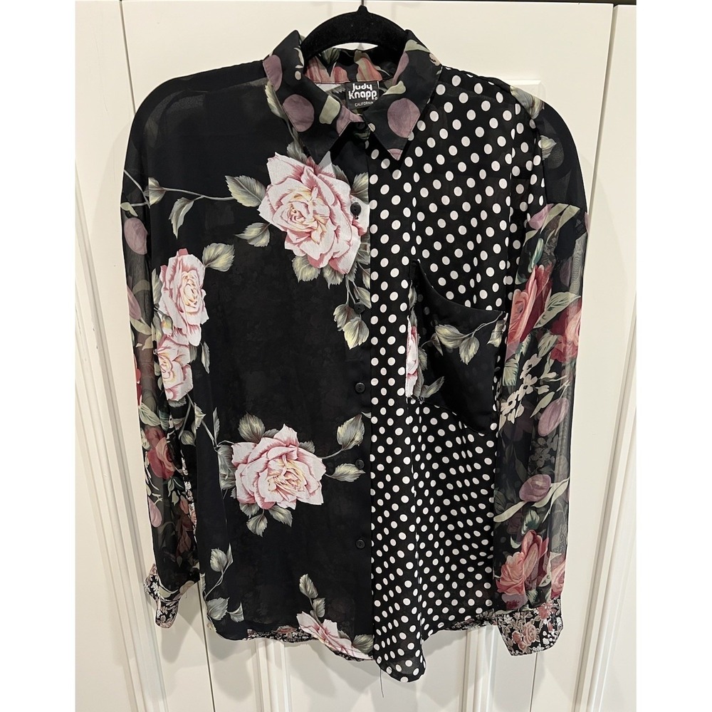Vtg Judy Knapp Blouse Multicolor Floral Polka Dot Sheer Cottagecore Artsy Whimsy